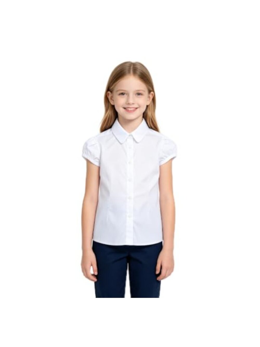Girls Wrinkle-Free Cotton Button Down Shirt School Uniform Short Sleeve